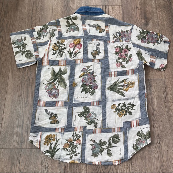 Vintage Patchwork Floral Boho Denim Collard Button Up Blouse Linen HGNY - Picture 4 of 8